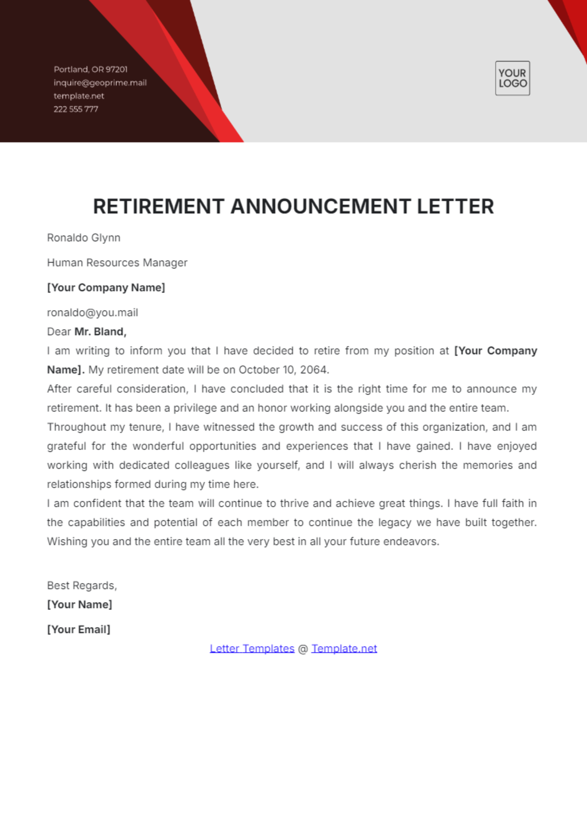 Retirement Announcement Letter Template - Edit Online & Download