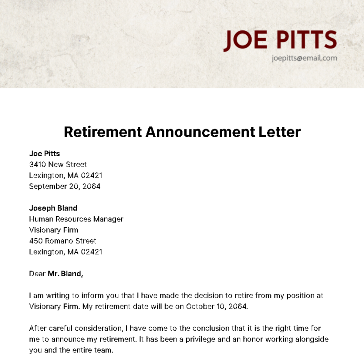 Retirement Announcement Letter Template