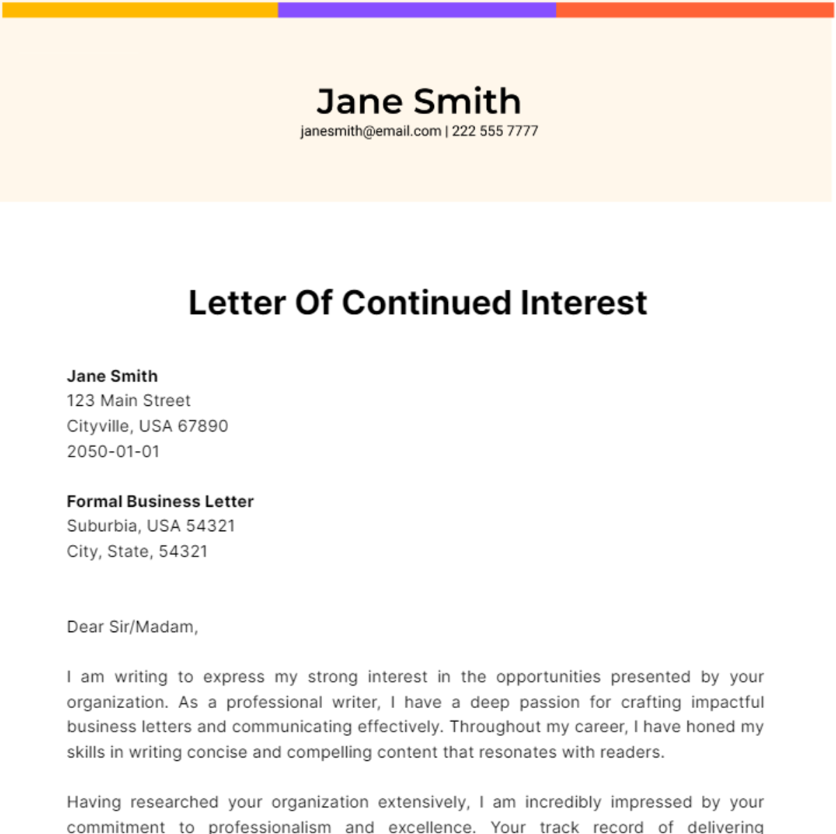 Letter Of Continued Interest Template