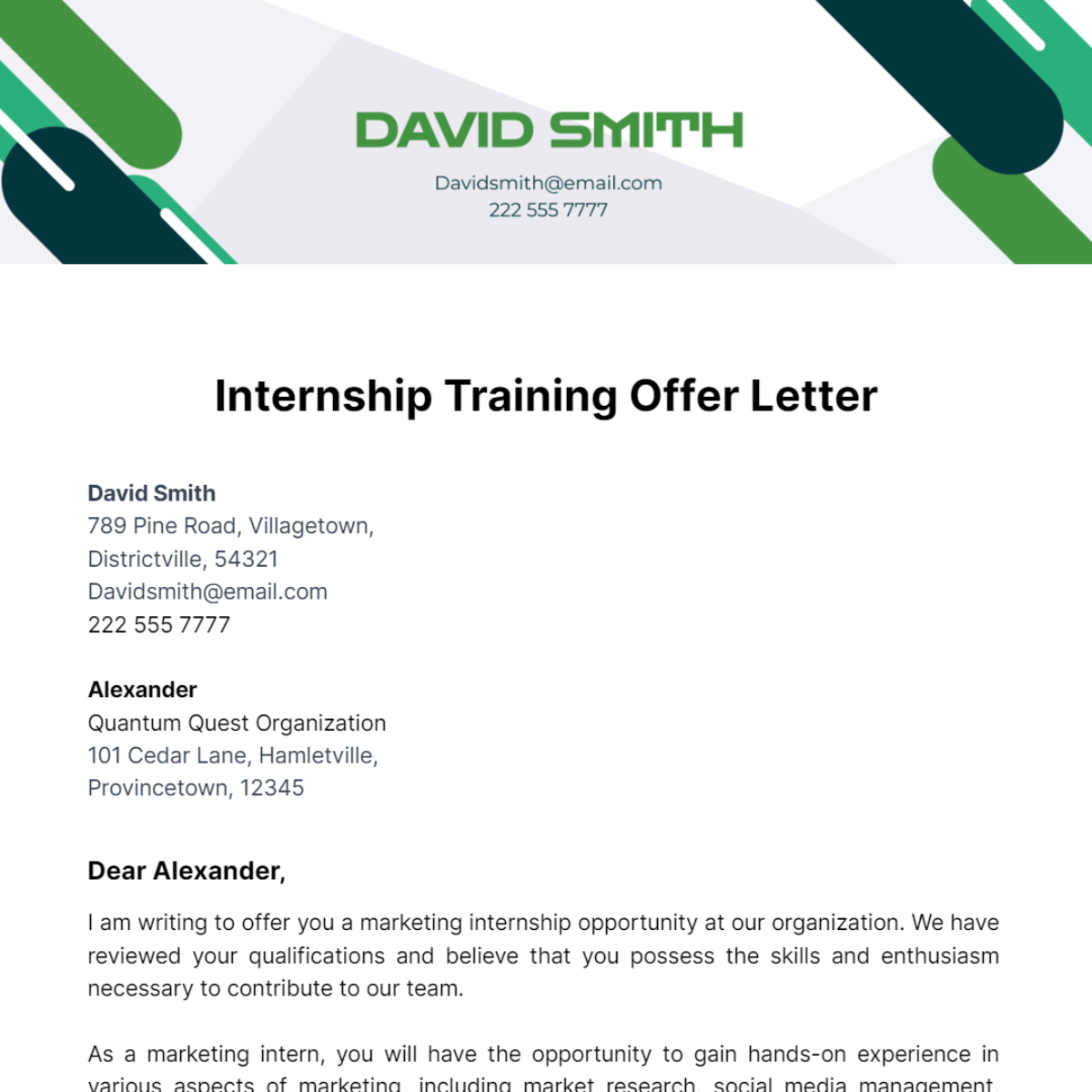 Free Internship Training Offer Letter Template