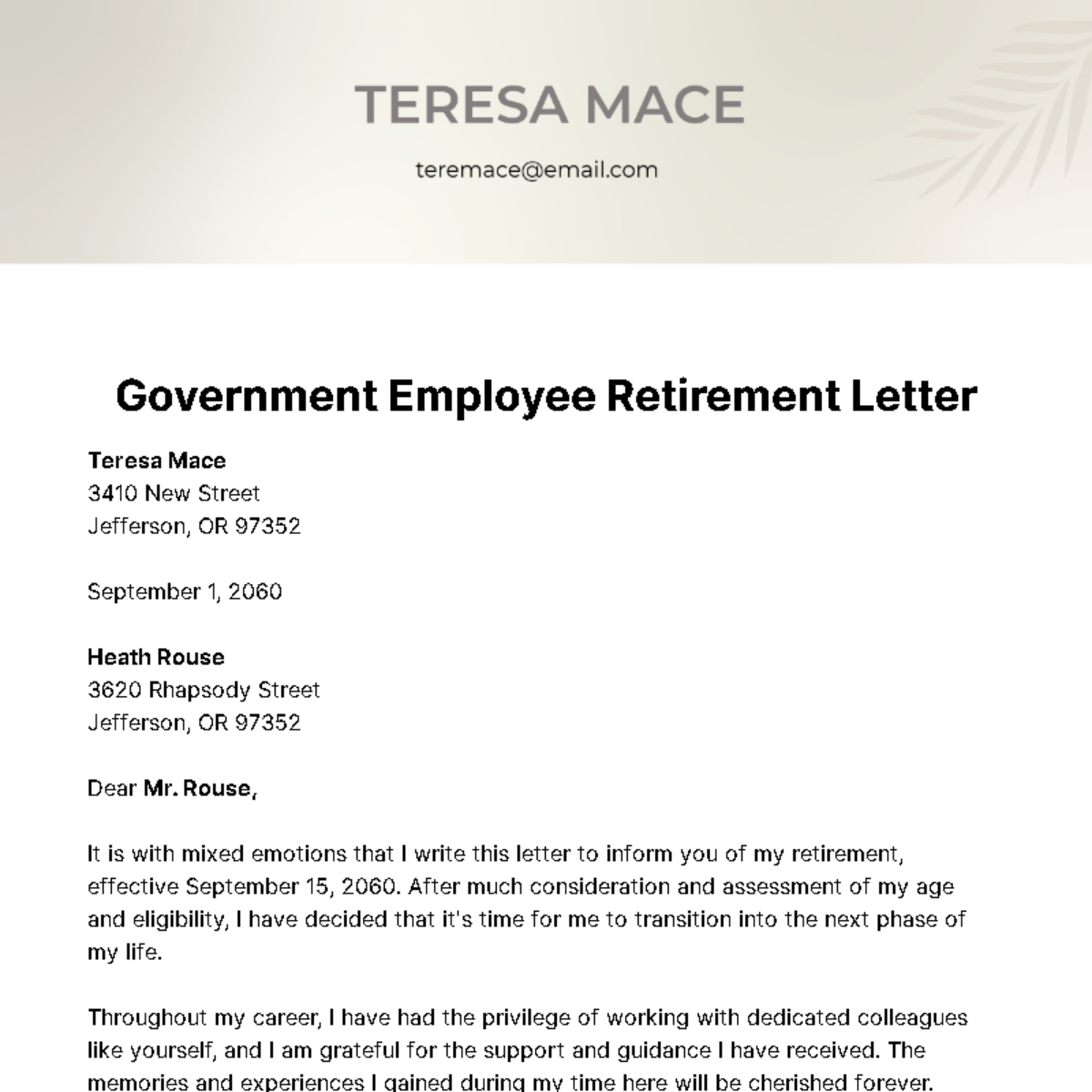Free Government Employee Retirement Letter Template