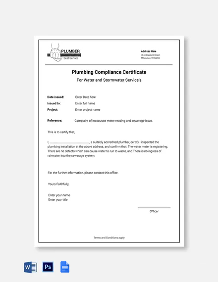 Blank Plumbing Certificate