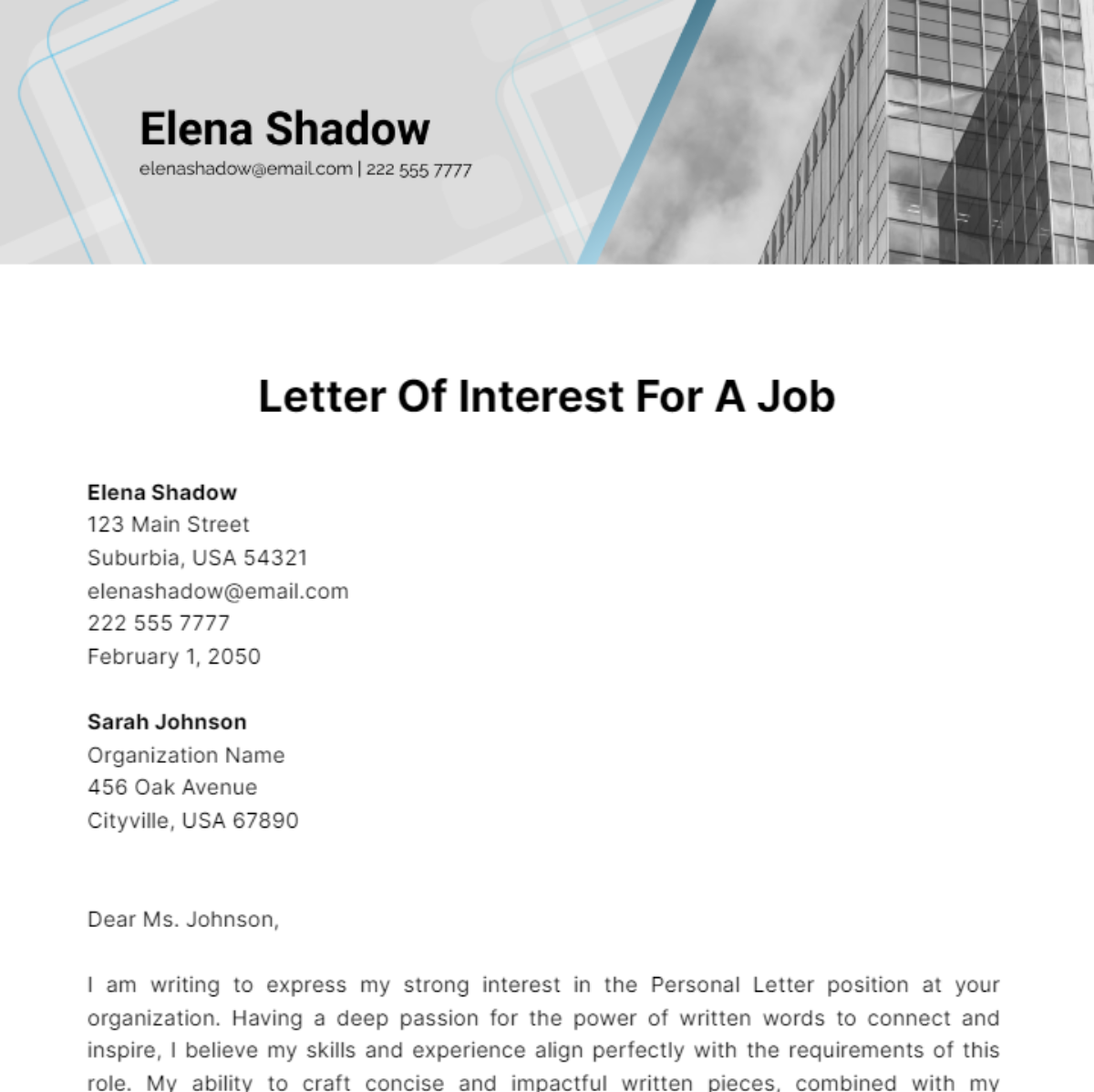 Letter Of Interest For A Job Template