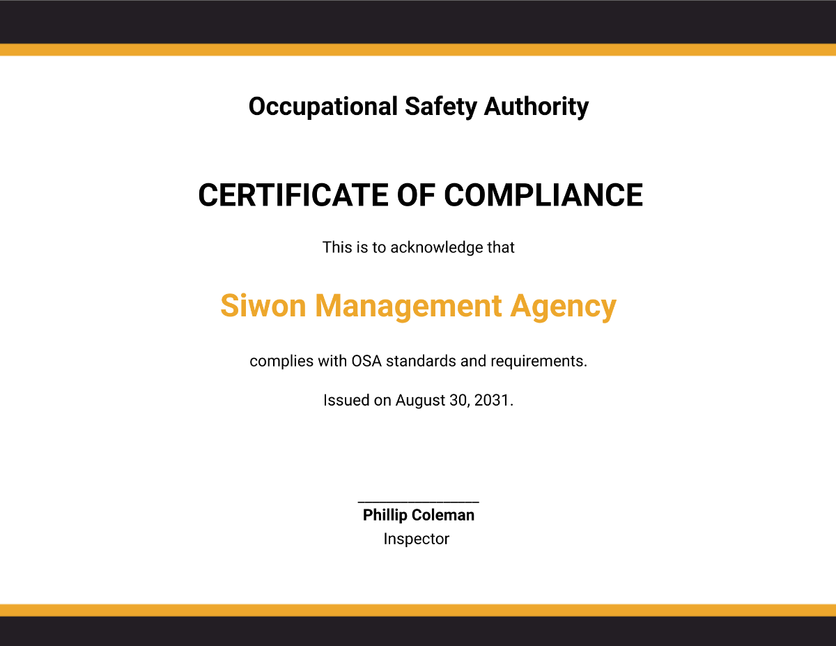Free Organization Compliance Certificate Template