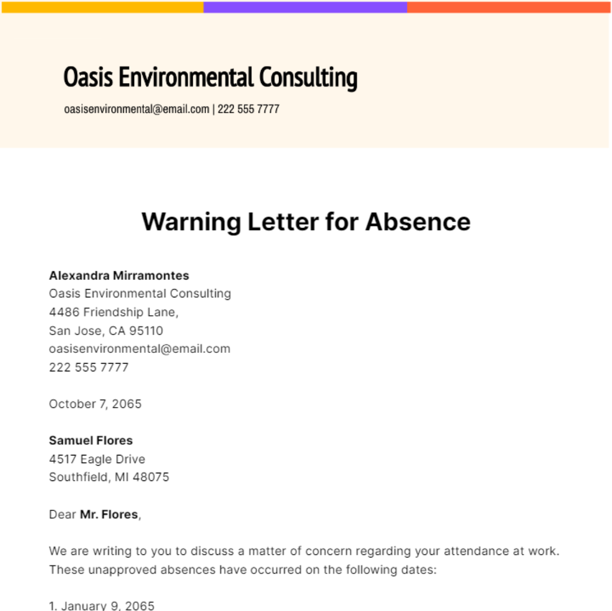 Free Warning Letter for Absence Template