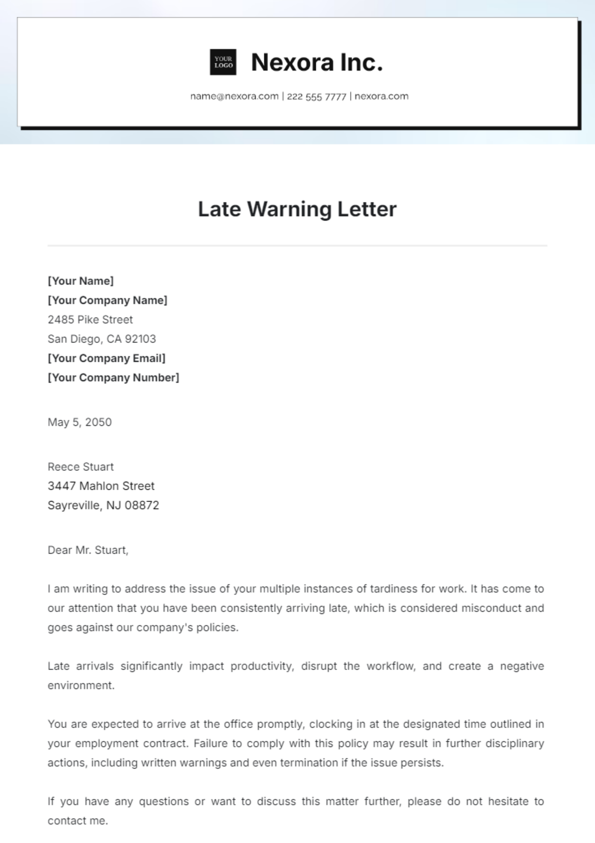 Free Late Warning Letter Template to Edit Online