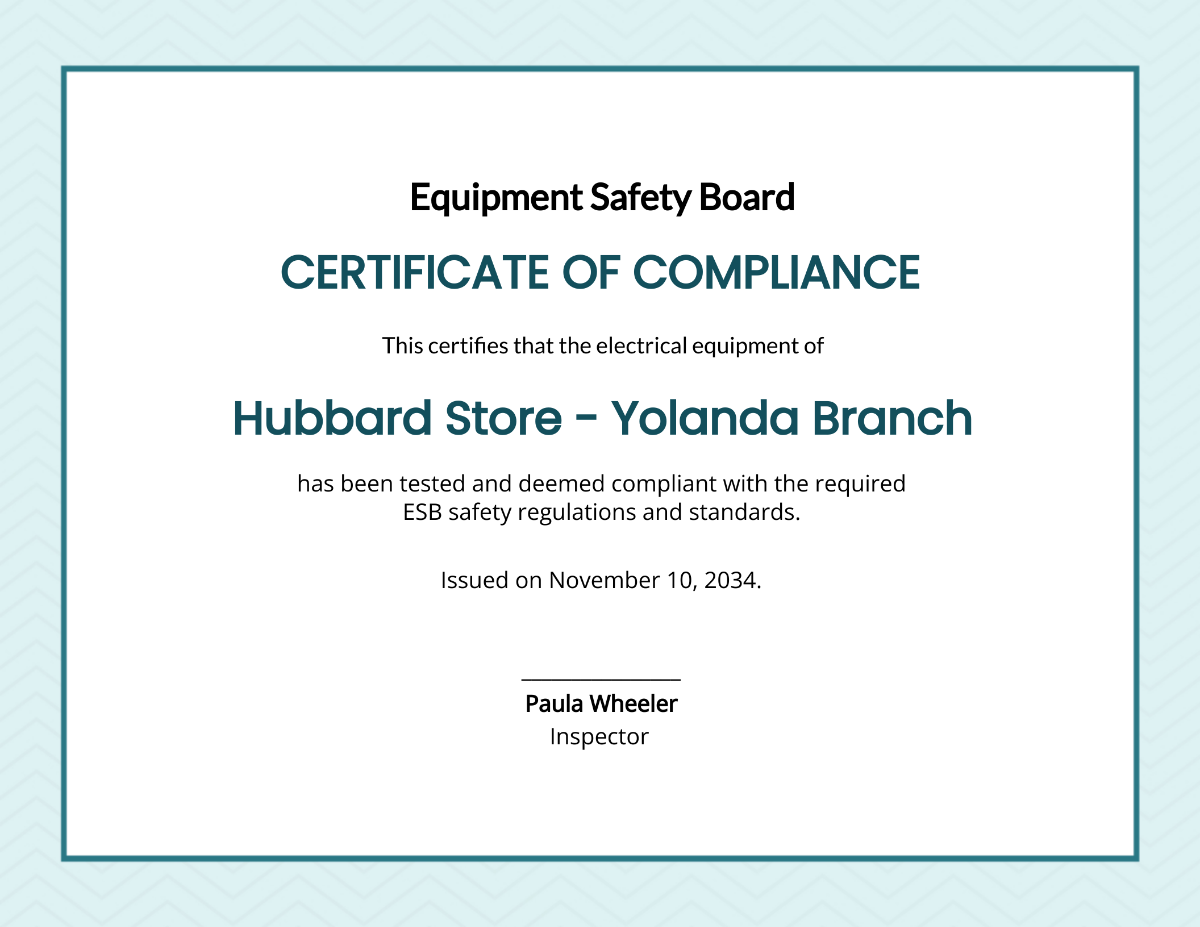 Equipment Testing Compliance Certificate Template