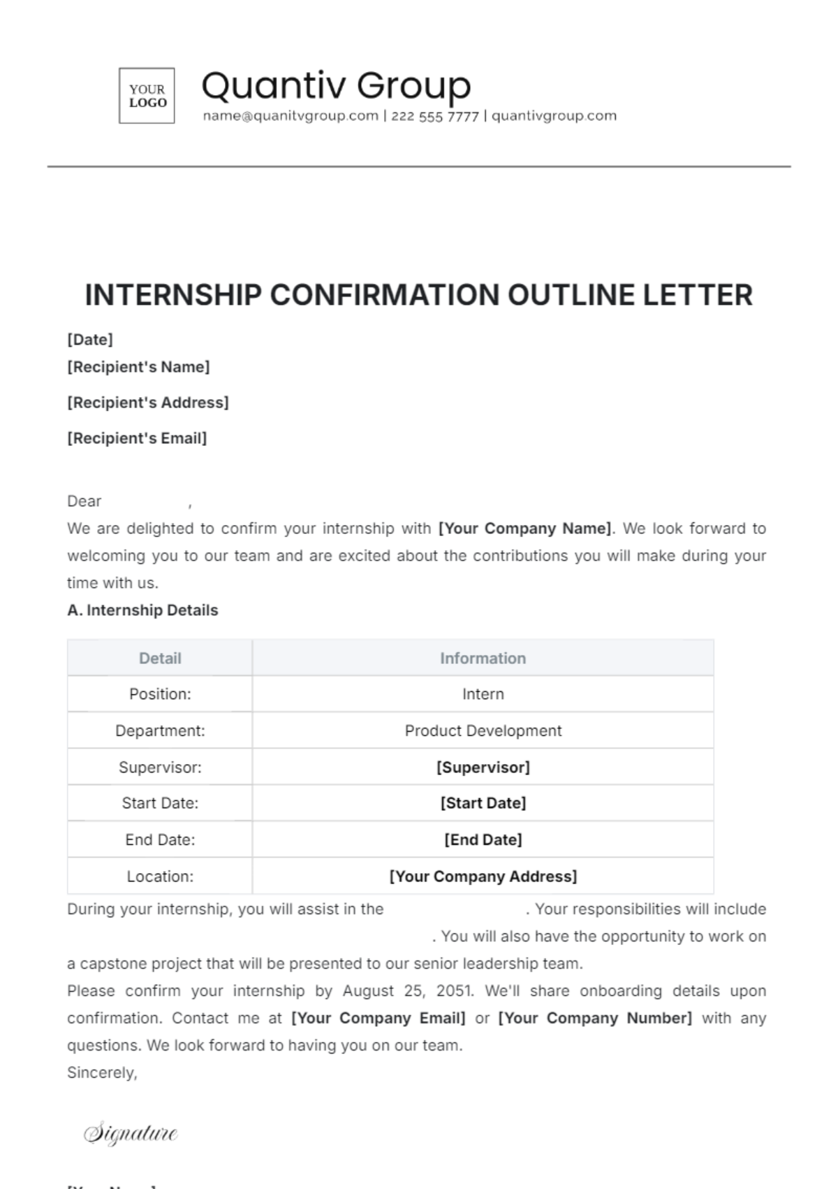 Internship Confirmation Letter Outline Template