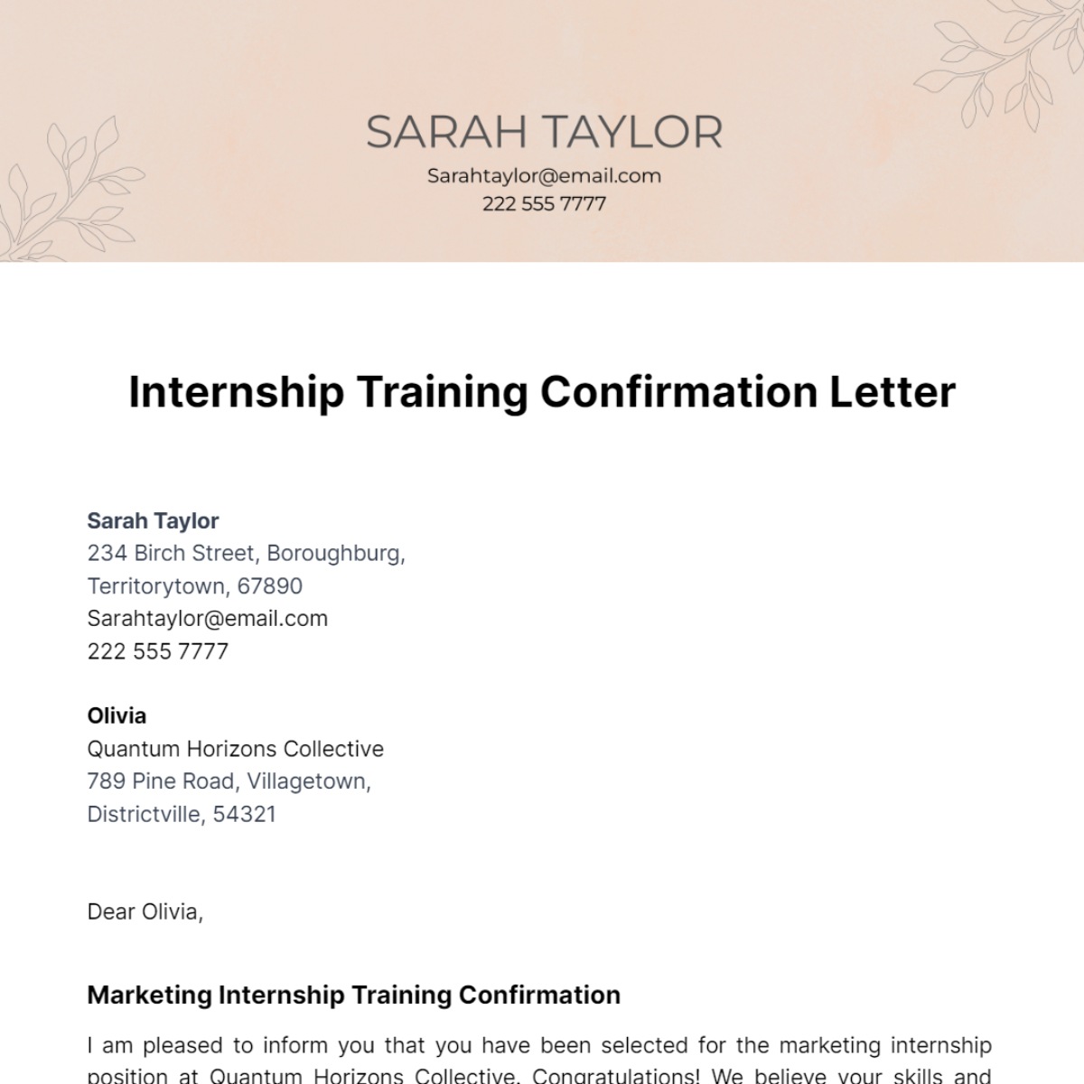 Internship Training Confirmation Letter Template