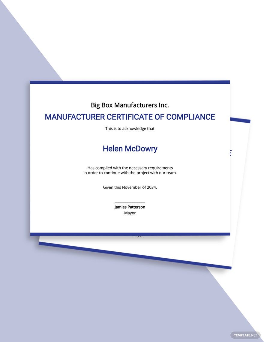 Manufacturer Certificate of Compliance Template