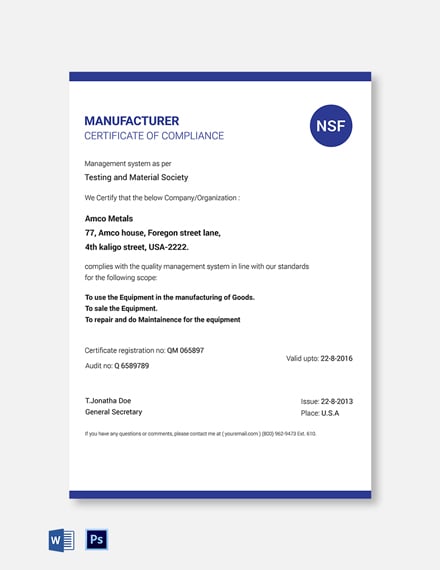 manufacturer certificate of compliance