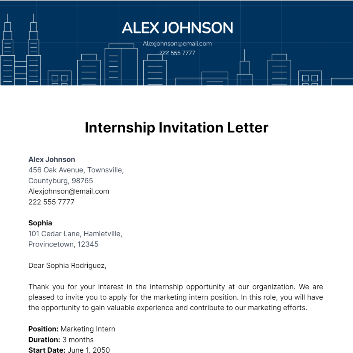 Internship Invitation Letter Template
