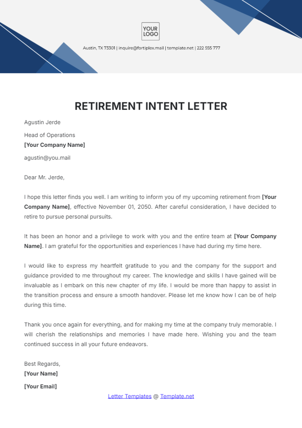 Retirement Intent Letter Template - Edit Online & Download