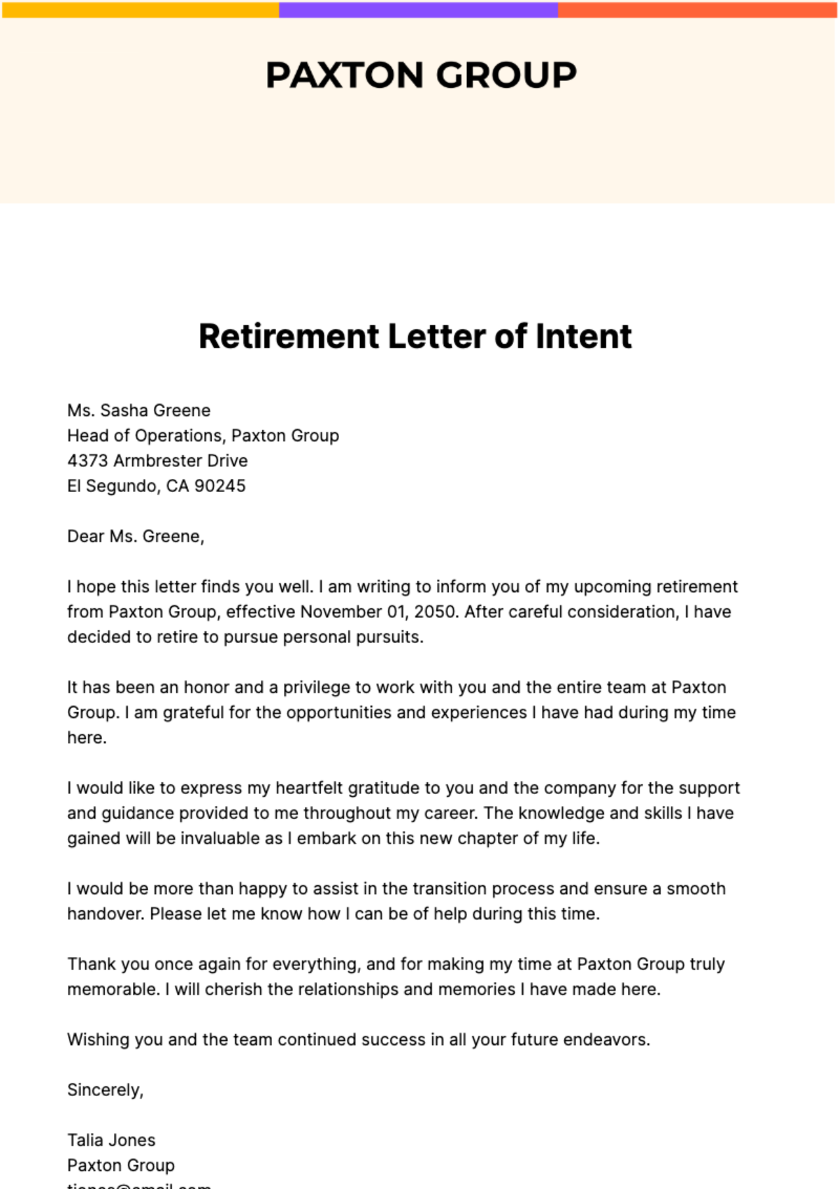 Free Retirement Letter of Intent Template