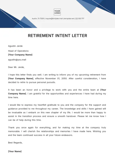 Free Retirement Intent Letter Template to Edit Online