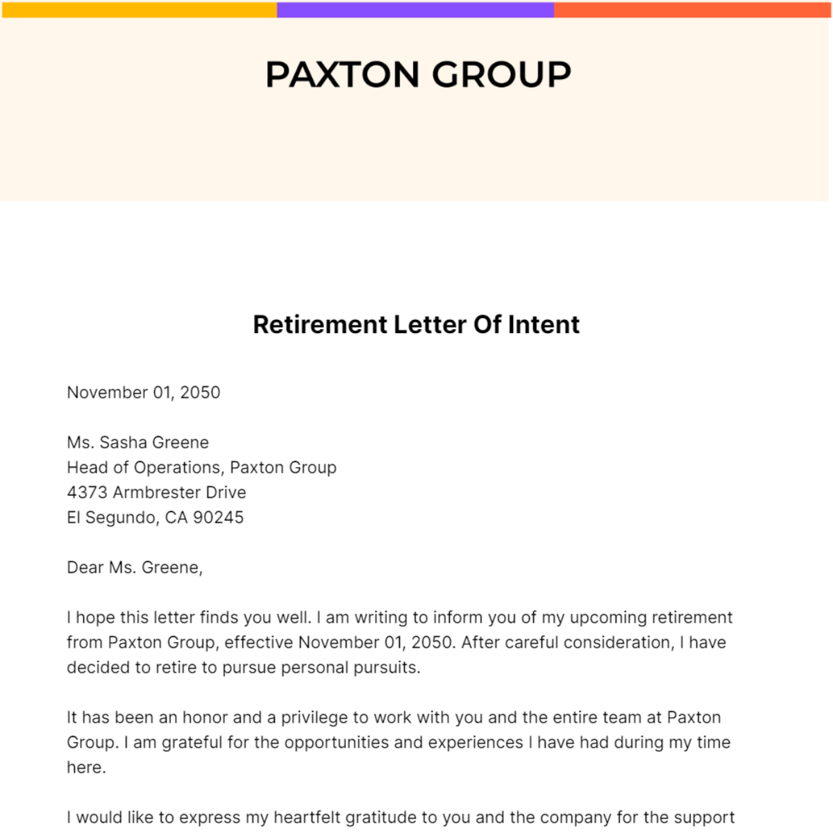Retirement Letter of Intent Template