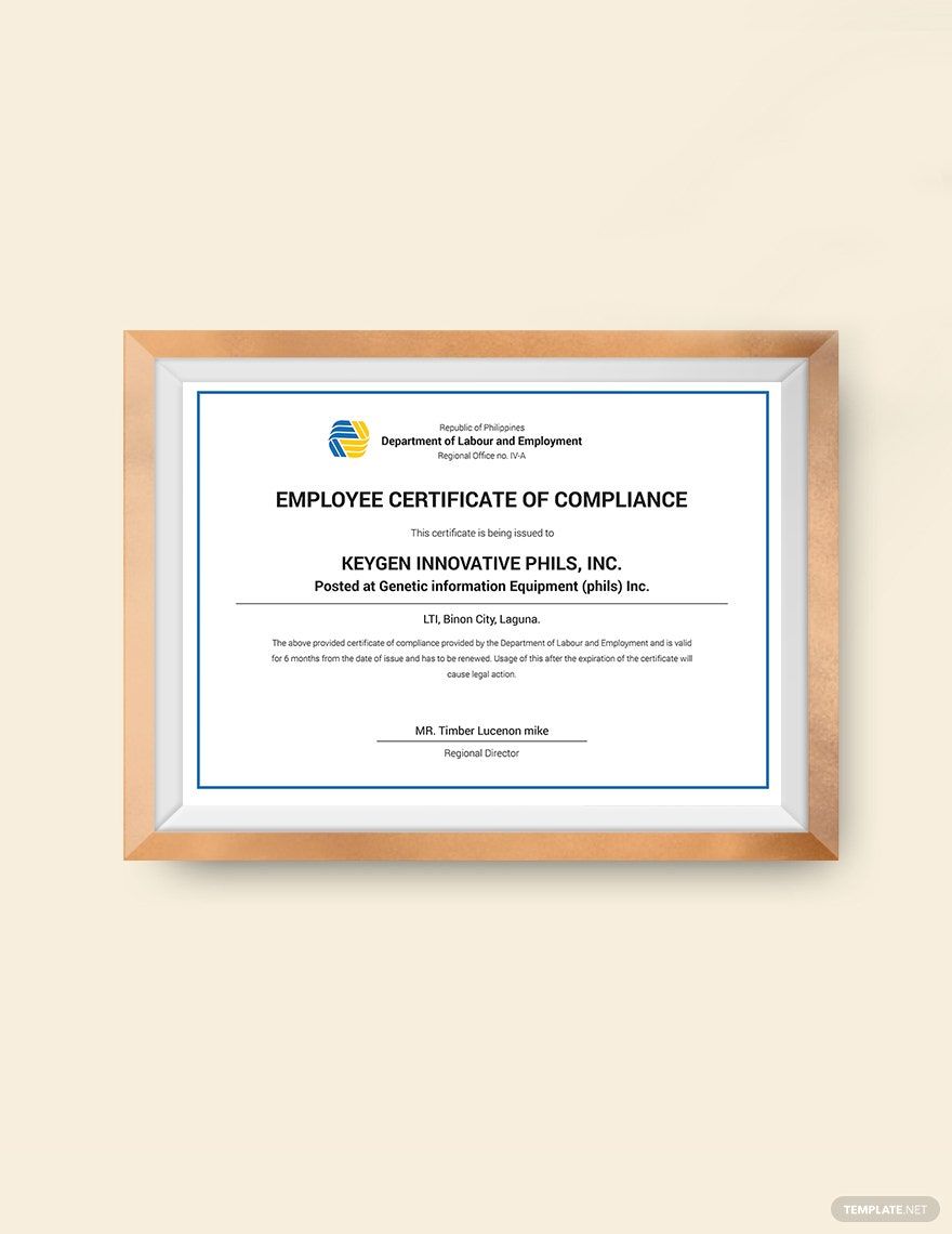 Employee Compliance Certificate Template in Word, Google Docs, PSD, Apple Pages