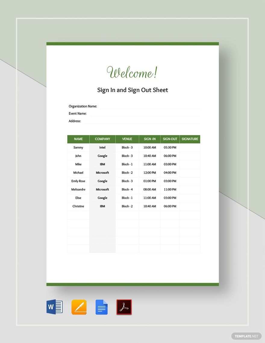 Sign In and Out Sheet Template