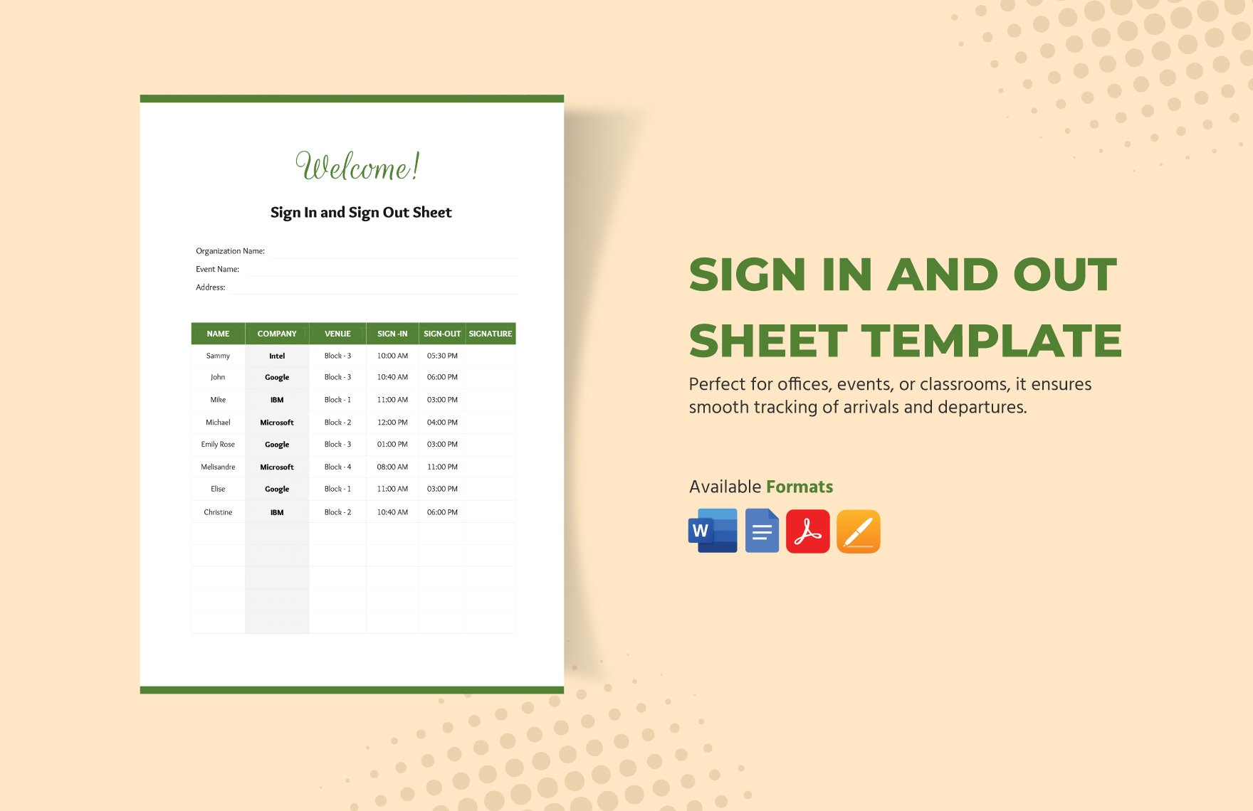 Sign In and Out Sheet Template