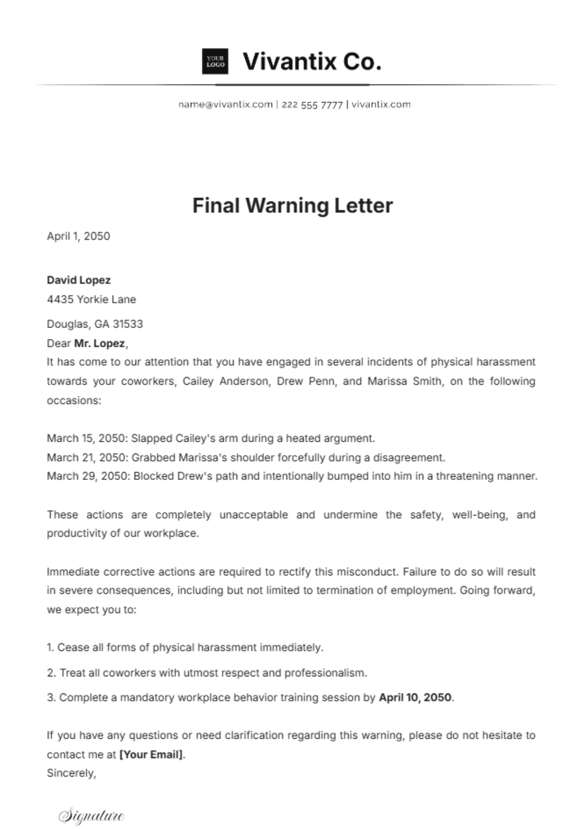 Free Employee Late Warning Letter Template to Edit Online