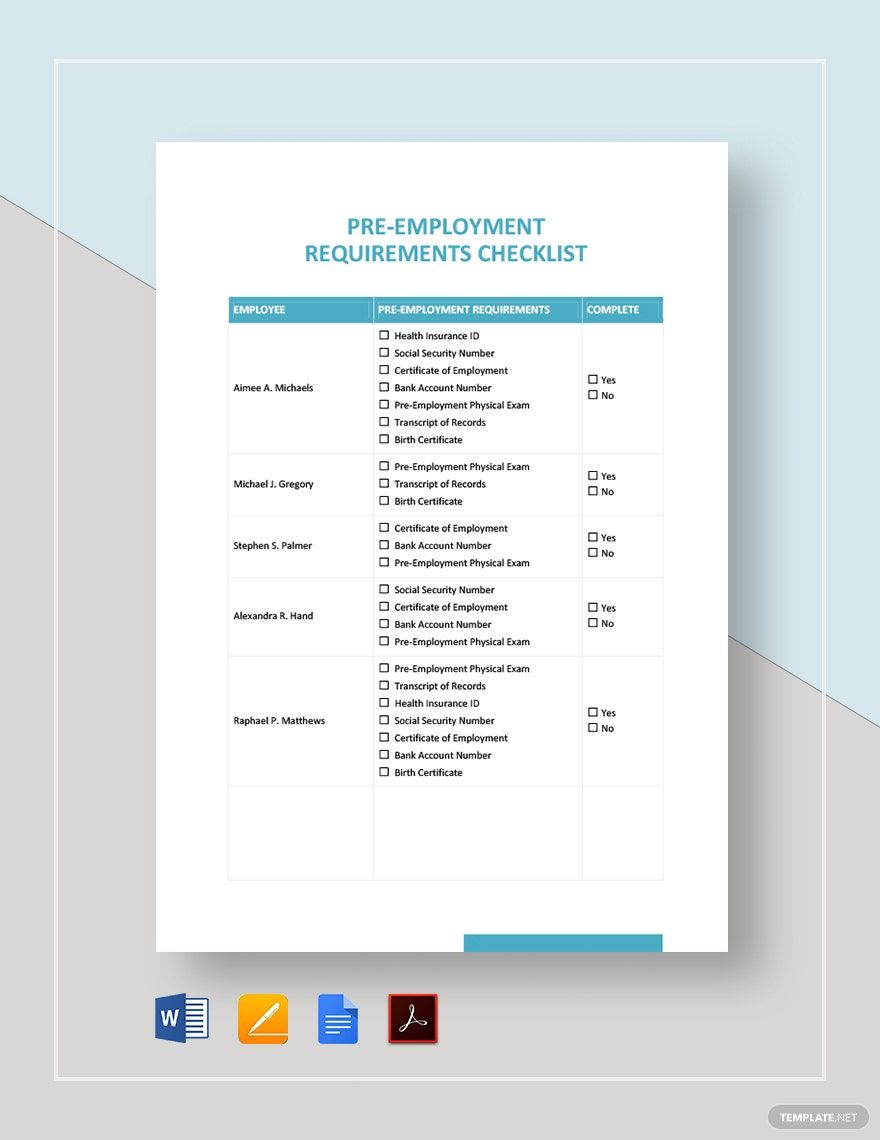 Pre Employment Checklist Template