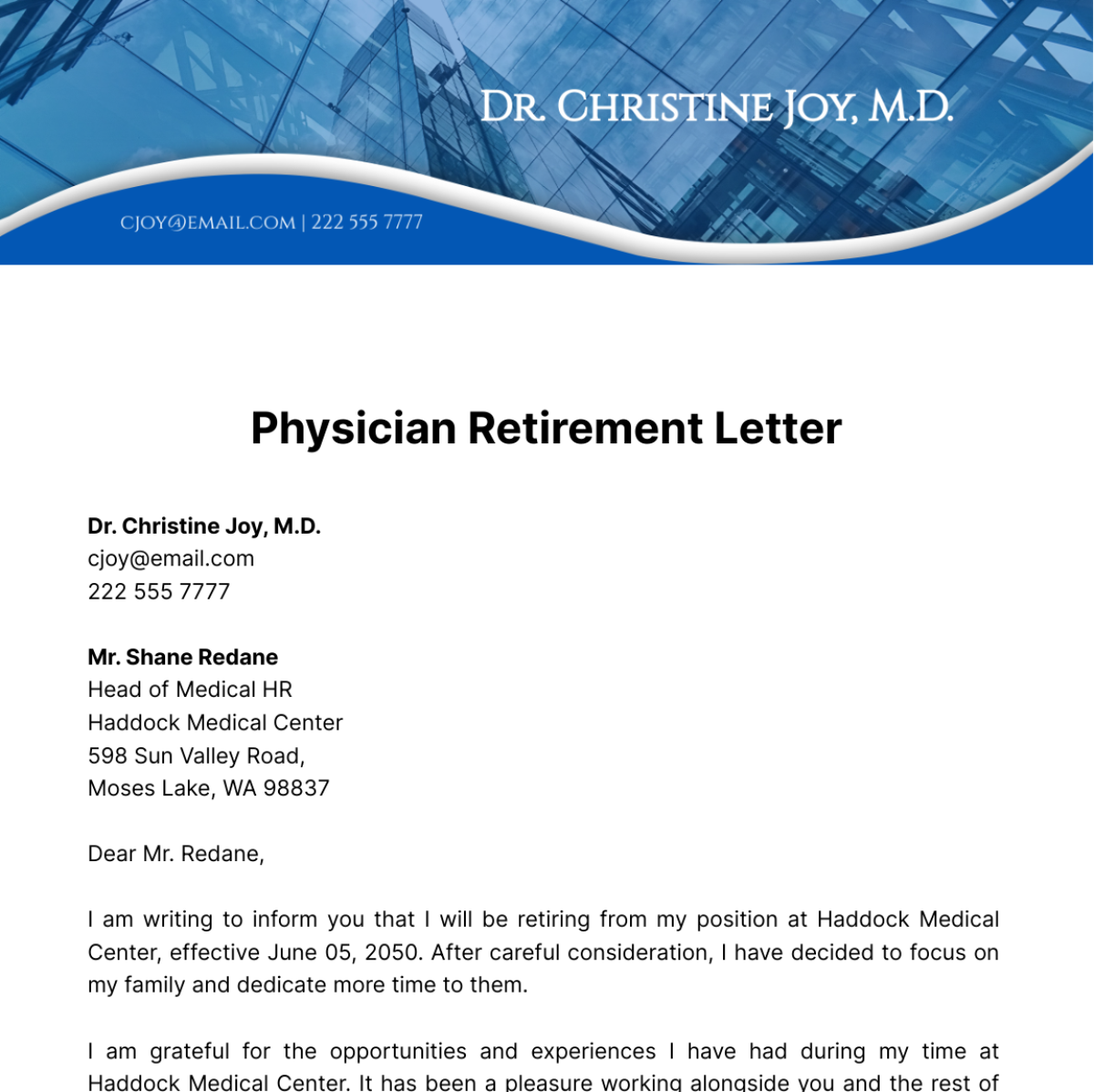 Physician Retirement Letter Template