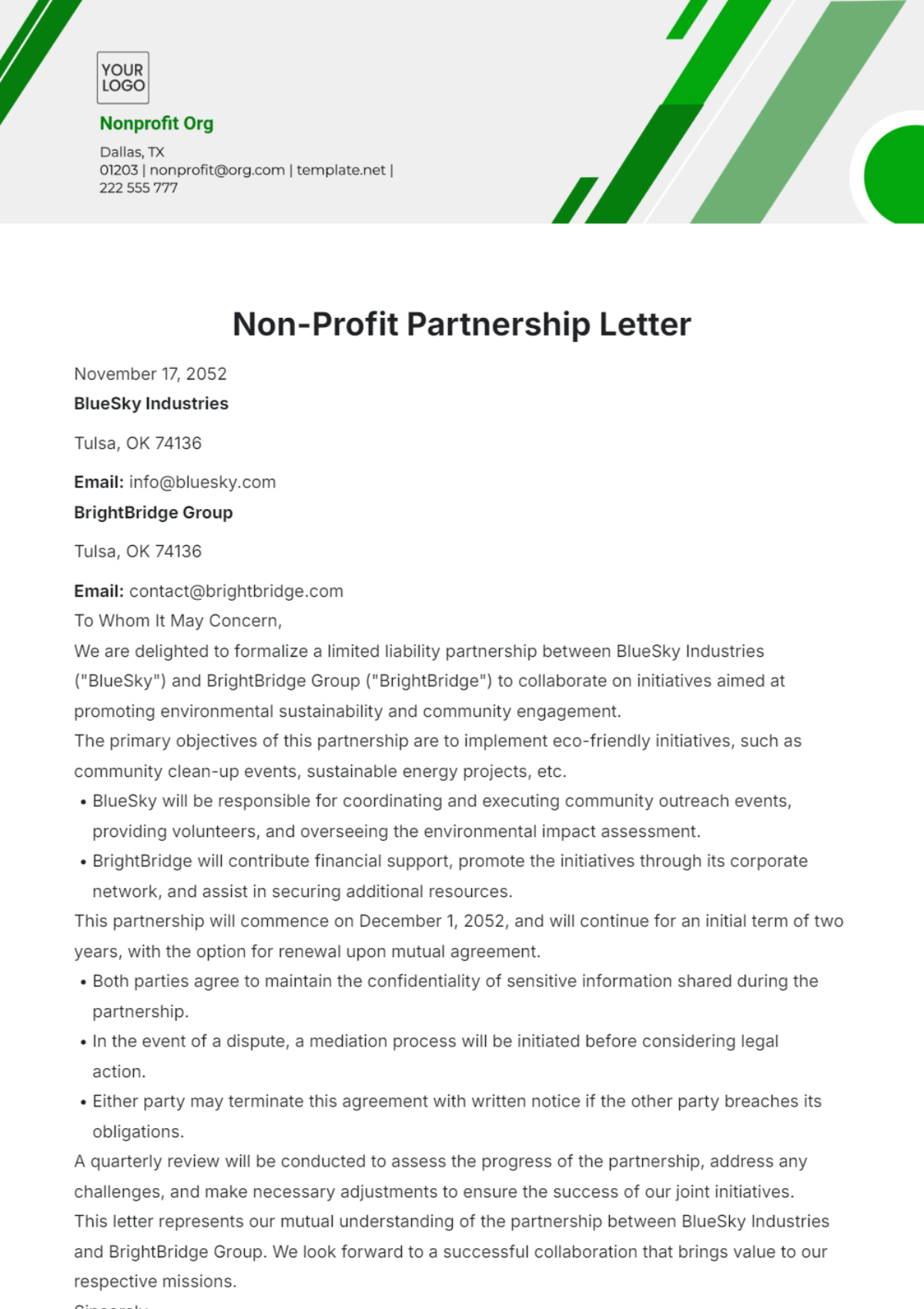 Non-Profit Partnership Letter Template - Edit Online & Download