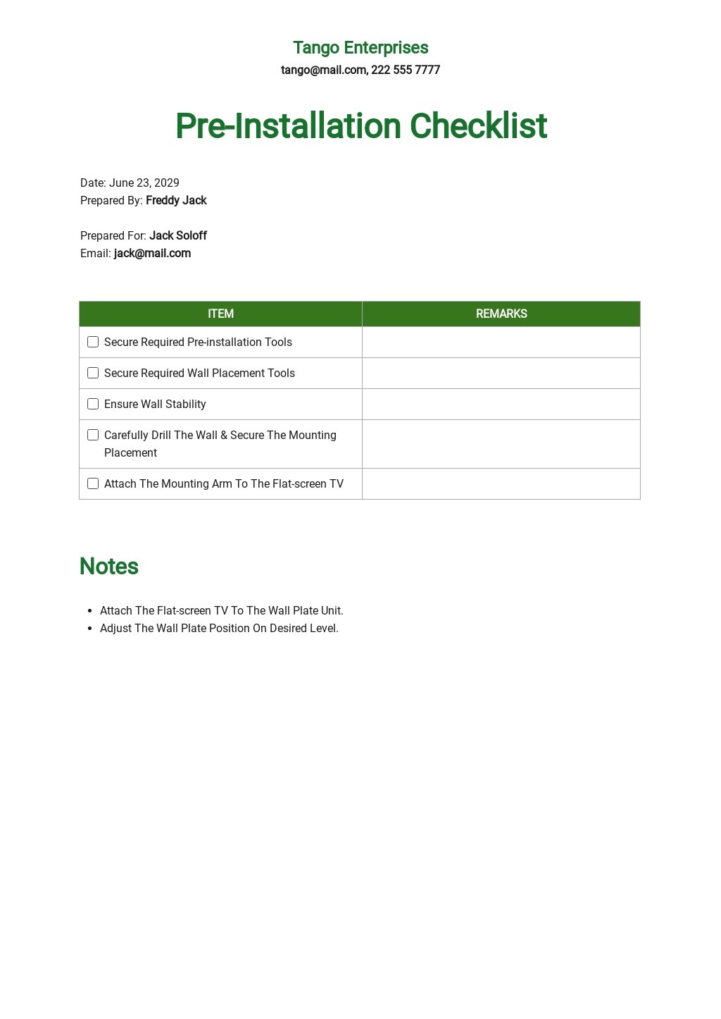 Pre Installation Checklist Template Free PDF Google Docs Word 