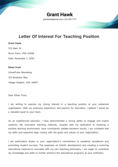 Free Letter Of Interest For Teaching Position Template to Edit Online