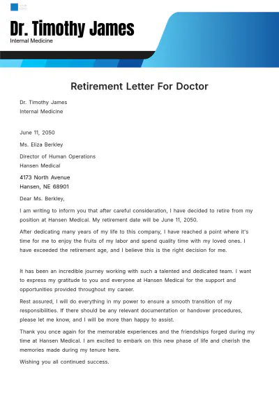 Free Retirement Letter for Doctor Template to Edit Online