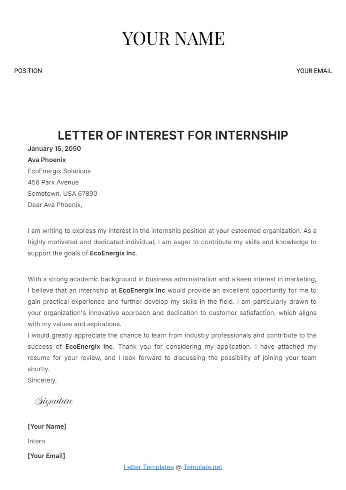 Letter of Interest for Internship Template - Edit Online & Download