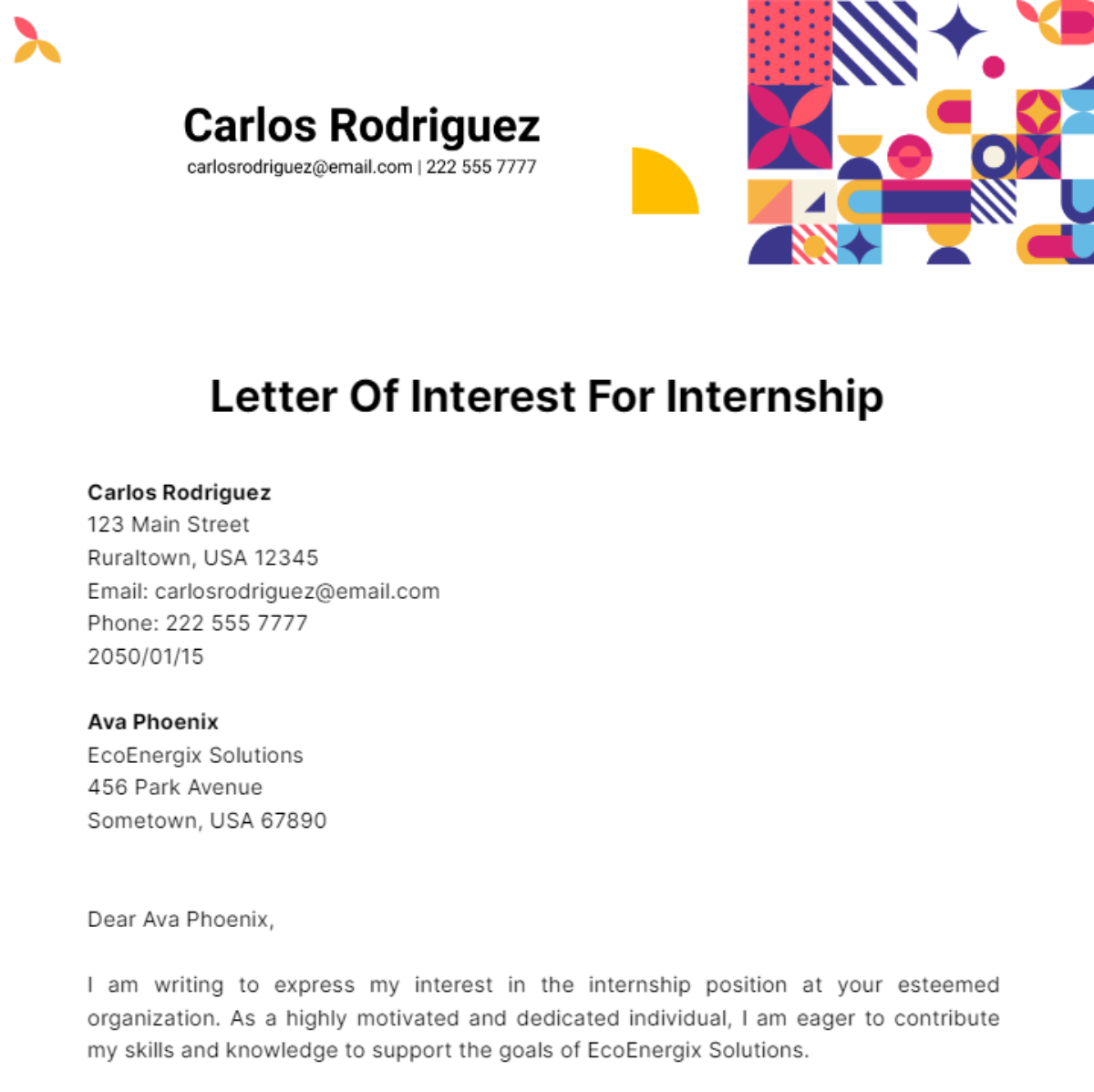 Letter Of Interest For Internship Template