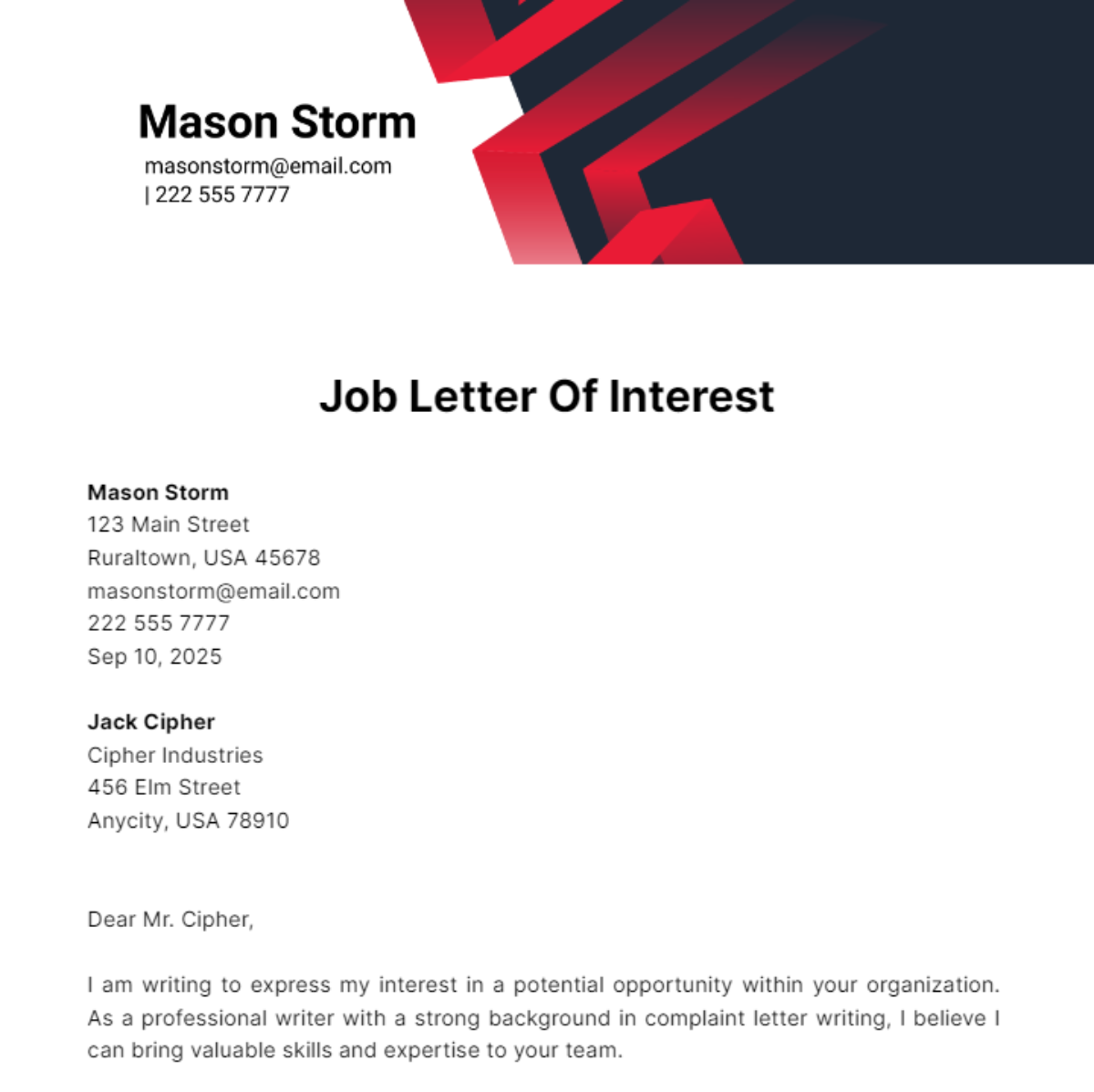 Job Letter Of Interest Template
