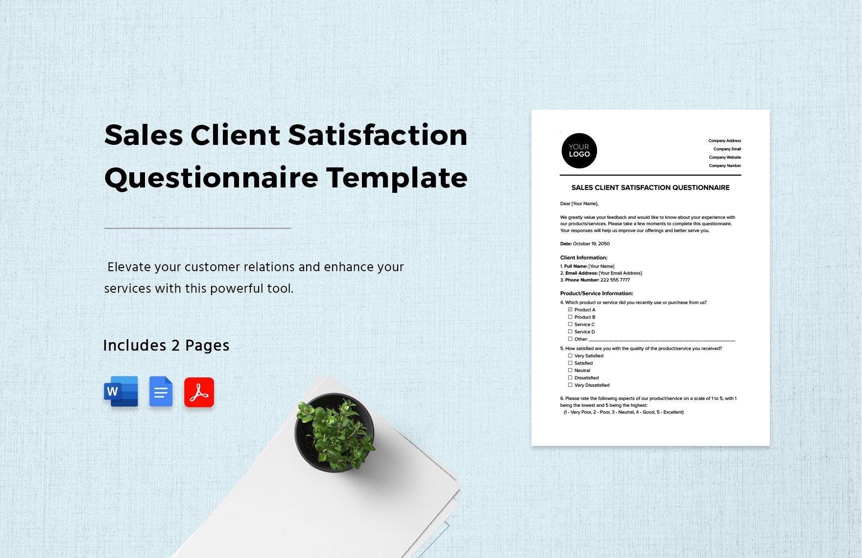 Sales Client Satisfaction Questionnaire Template in Word, Google Docs, PDF