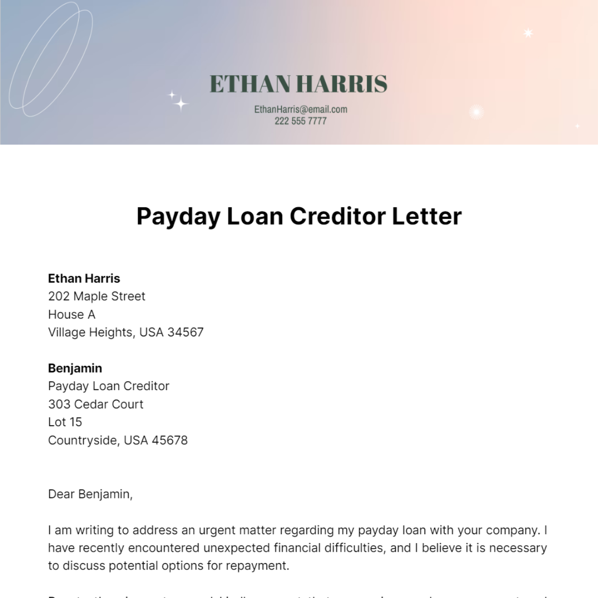 Payday Loan Creditor Letter Template