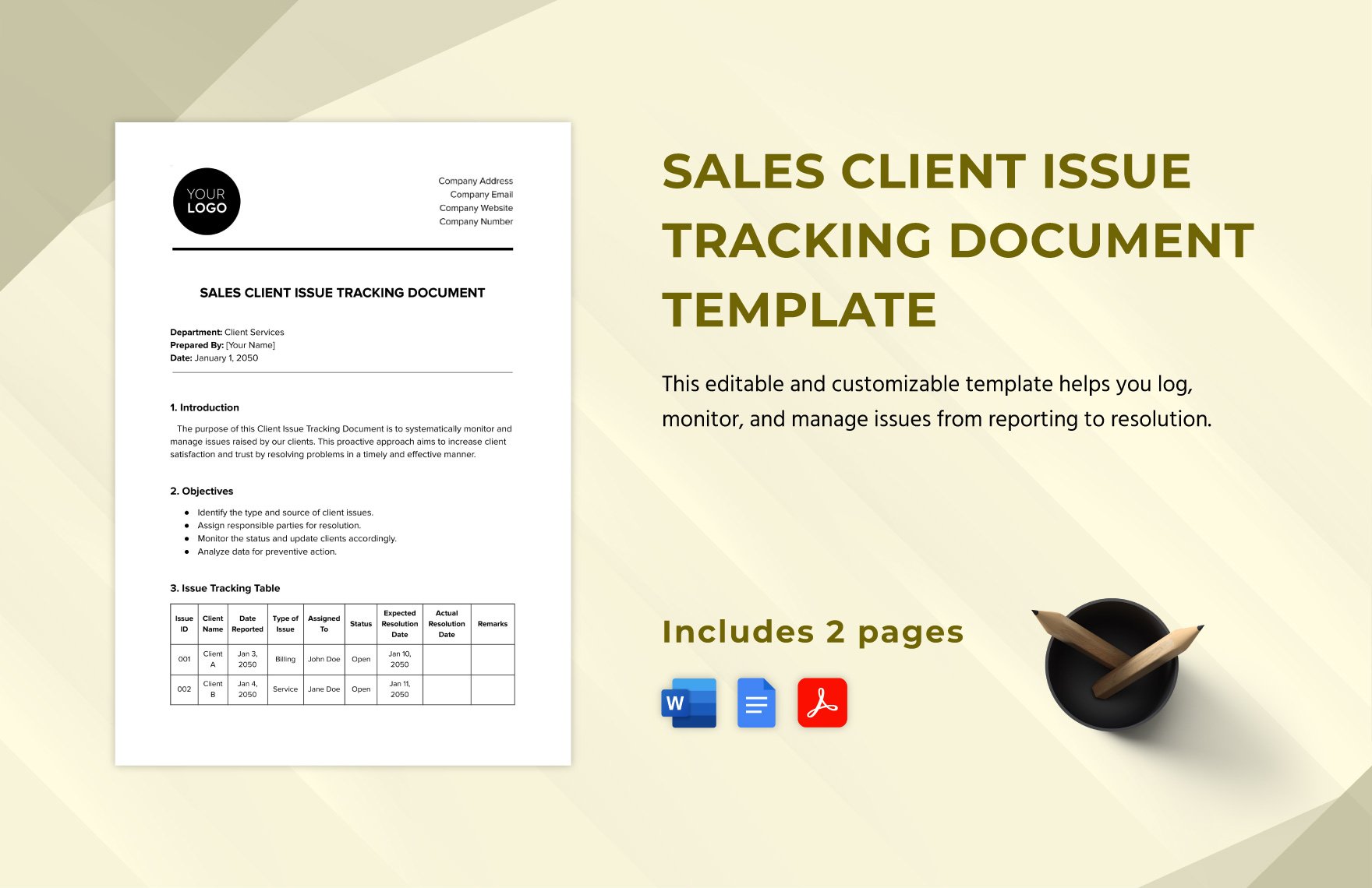 Sales Client Issue Tracking Document Template