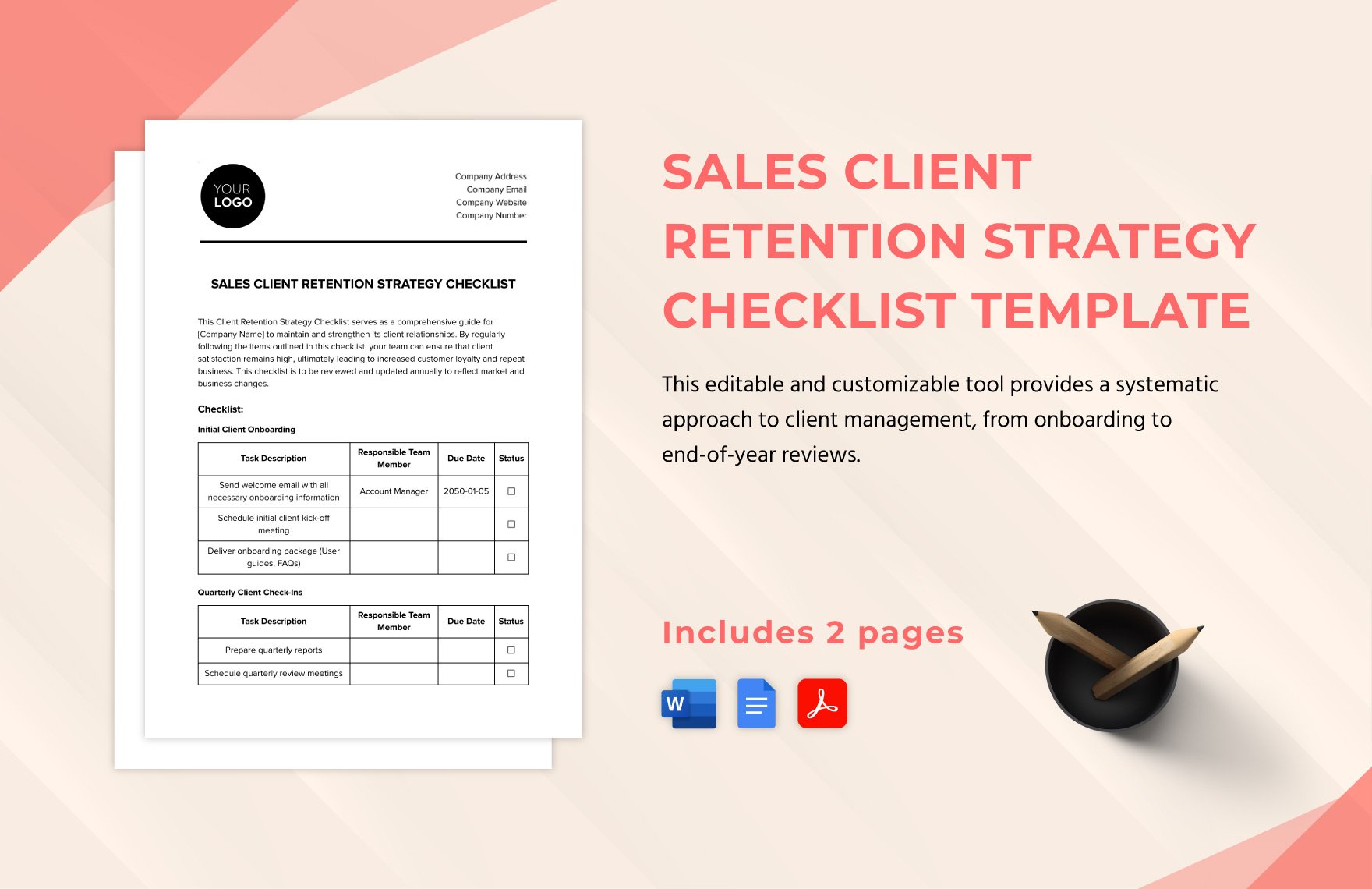 Sales Client Retention Strategy Checklist Template in Word, Google Docs, PDF