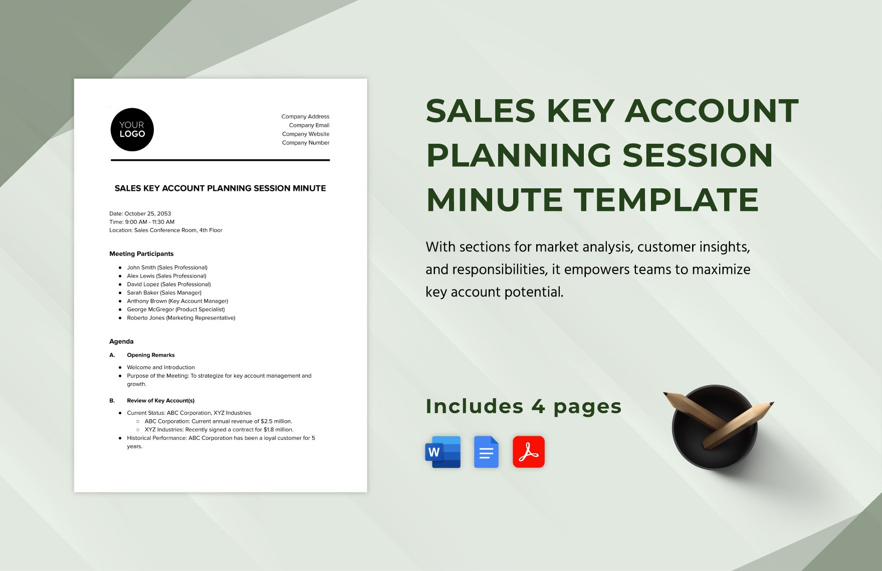 Sales Key Account Planning Session Minute Template in Word, Google Docs, PDF