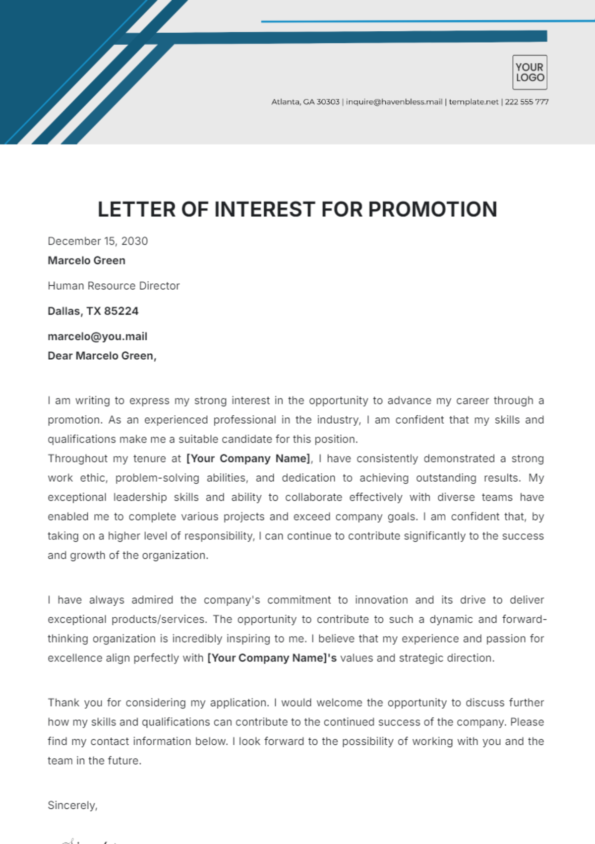 Letter of Interest for Promotion Template - Edit Online & Download