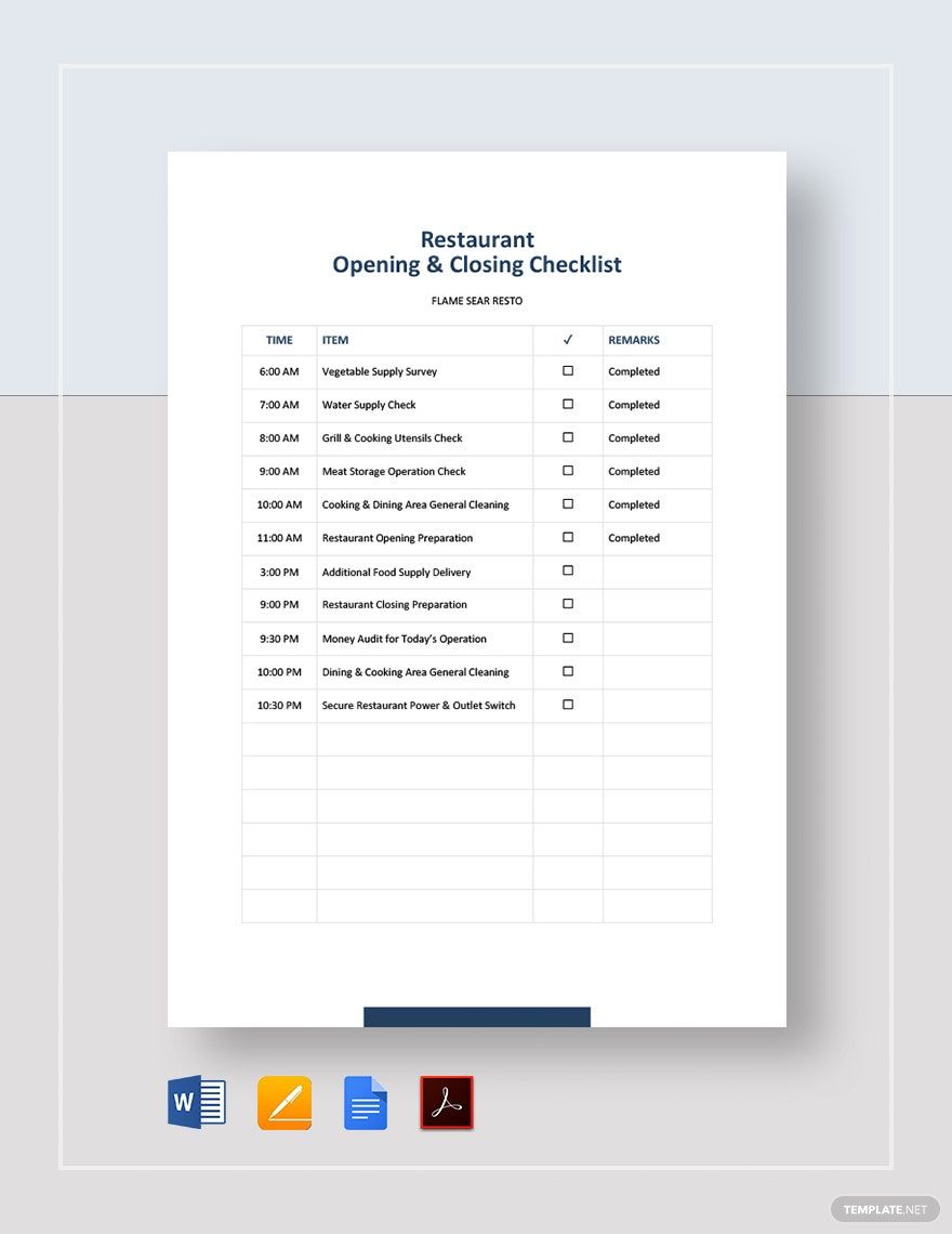Restaurant Opening And Closing Checklist Template In Word Pages PDF