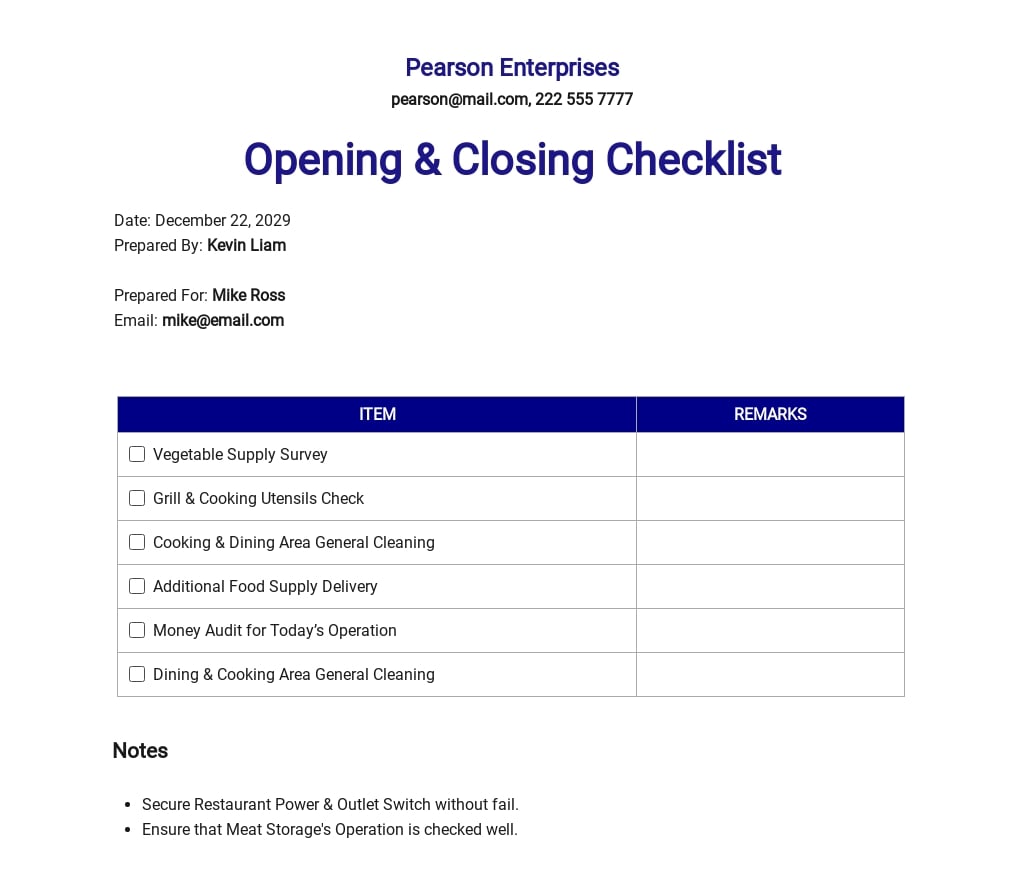 8  Opening Checklist Templates Free Downloads Template net
