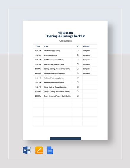 id sample printable Word And Checklist Closing Opening  Template  Restaurant