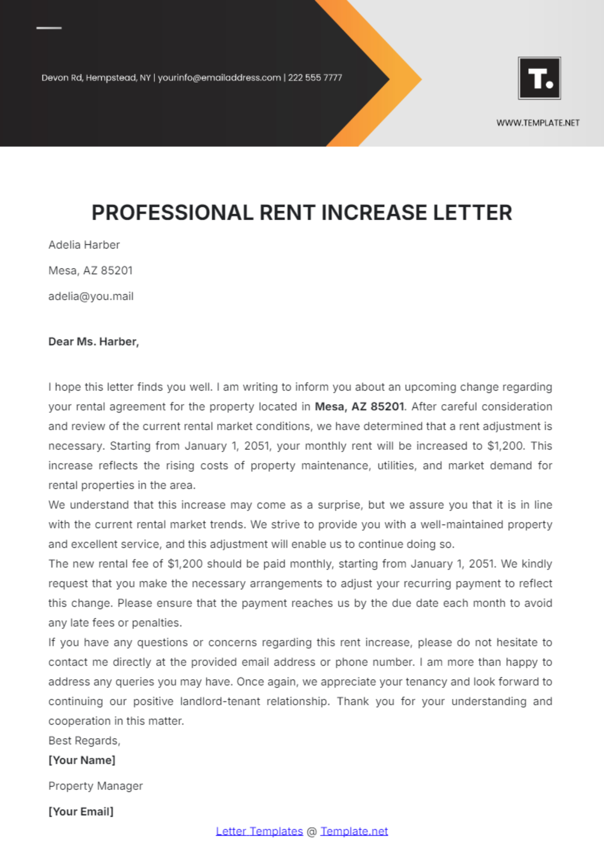 Professional Rent Increase Letter Template - Edit Online & Download