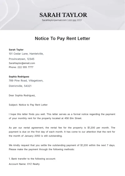 Free Notice to Pay Rent Letter Template to Edit Online
