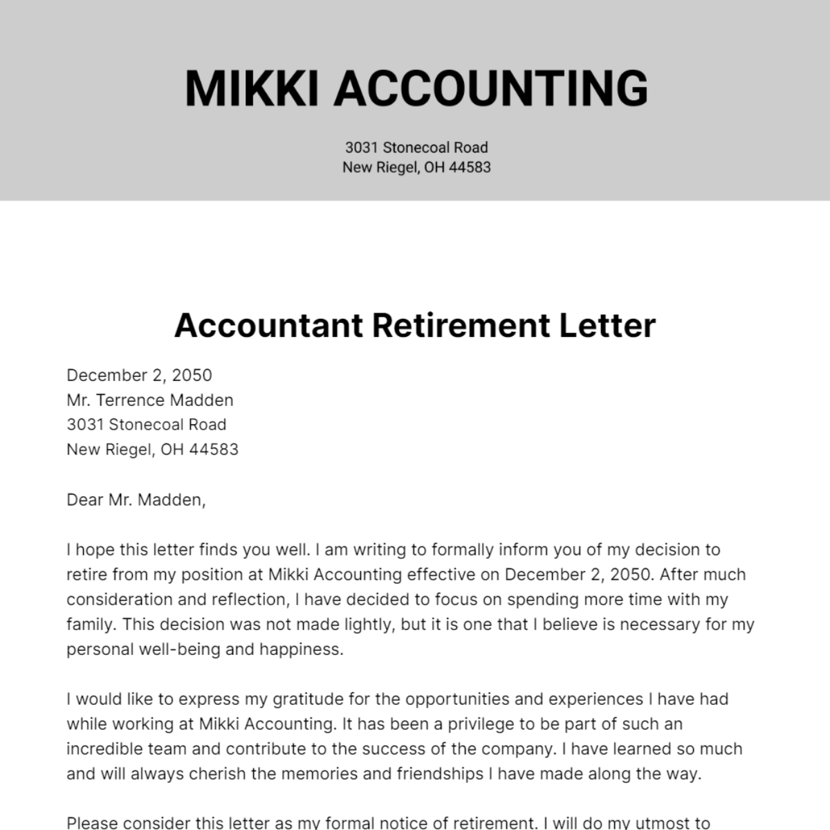 Accountant Retirement Letter Template