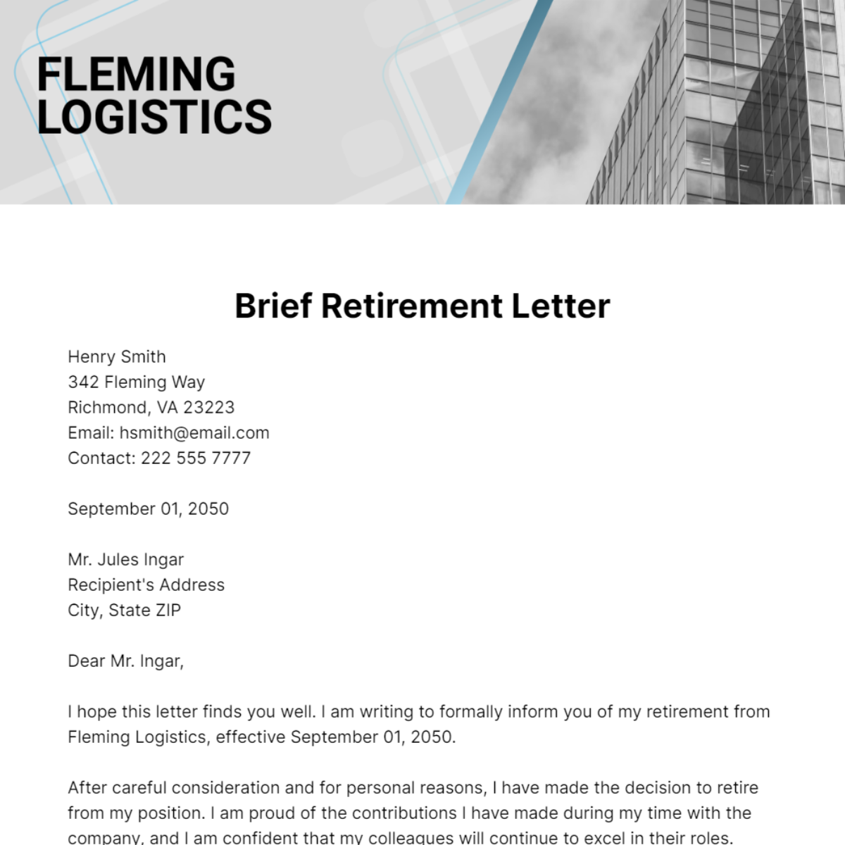 Brief Retirement Letter Template