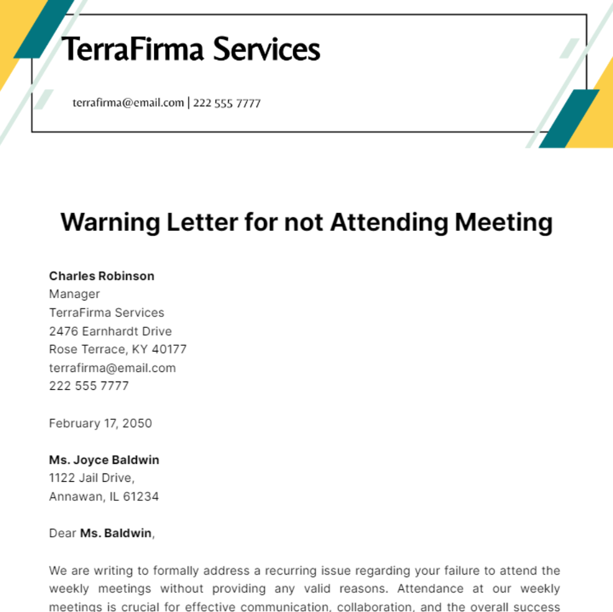 Free Warning Letter for not Attending Meeting Template