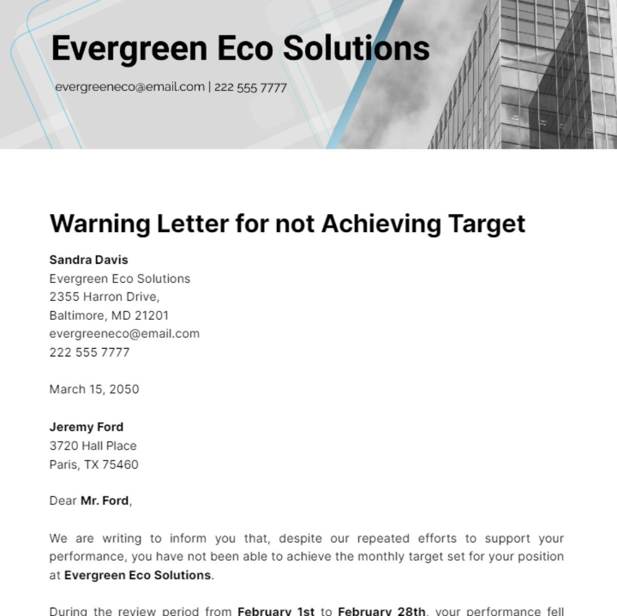 Free Warning Letter for not Achieving Target Template