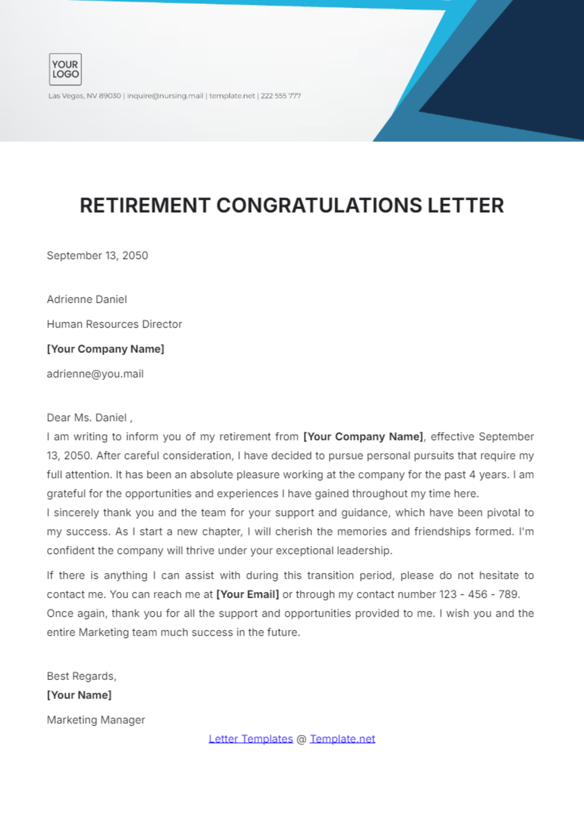 Retirement Congratulations Letter Template - Edit Online & Download