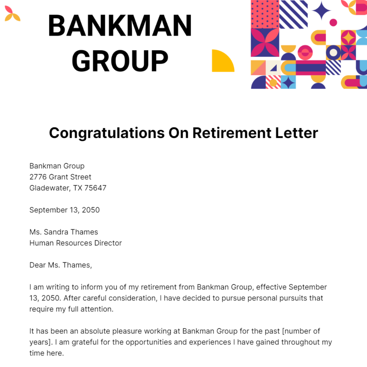 Congratulations on Retirement Letter Template